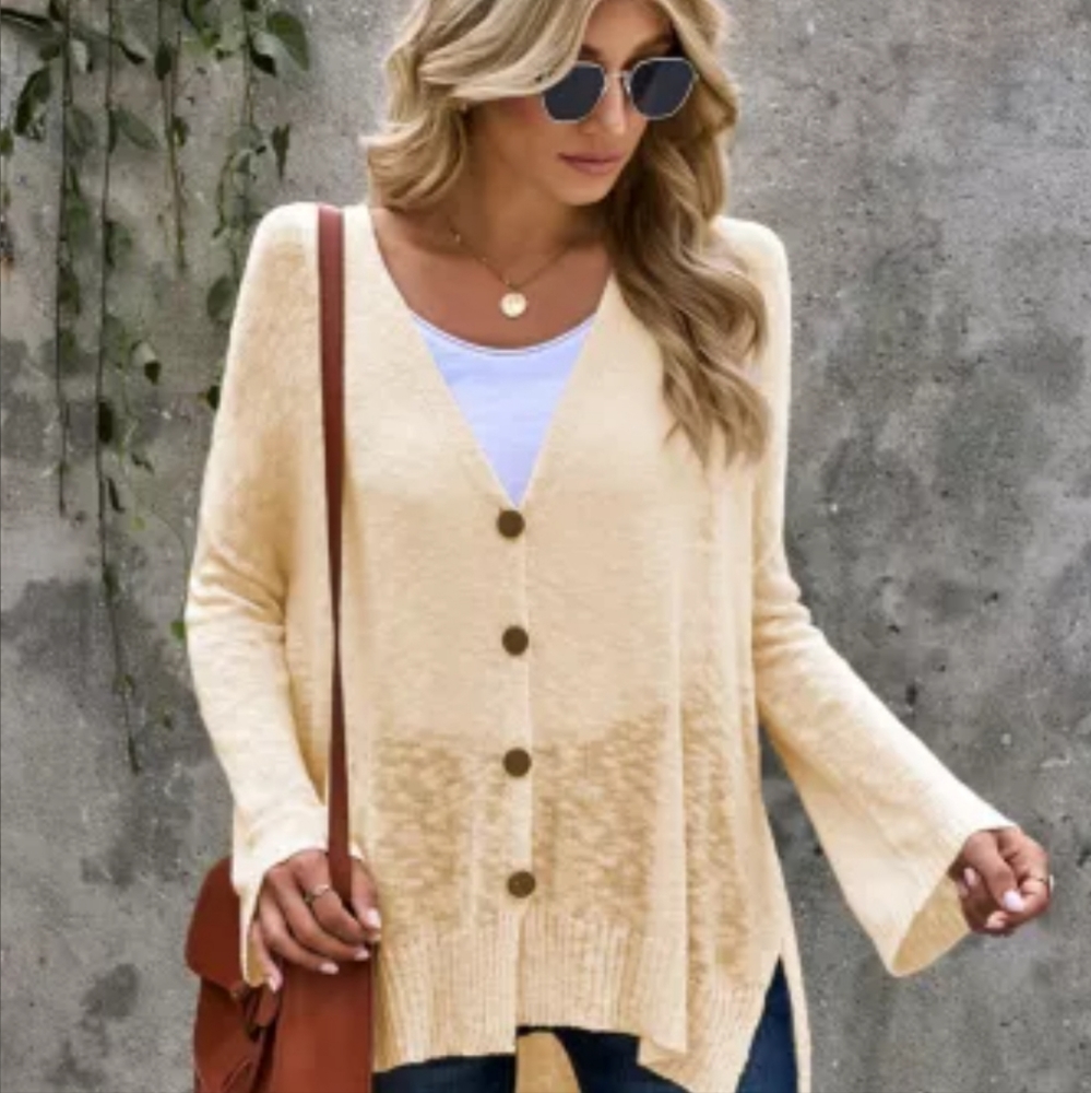 πNew Apricot Loose Lightweight V Neck Buttoned Sheer Knit Cardigan - Picture 12 of 17
